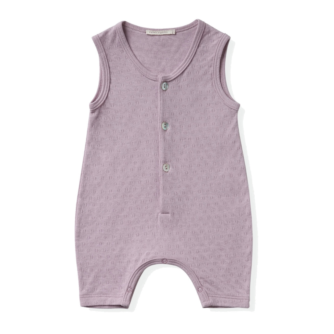 lavender color sleeveless 3 shell buttons henley romper in pointelle ribbed fabric. 100% organic cottton.