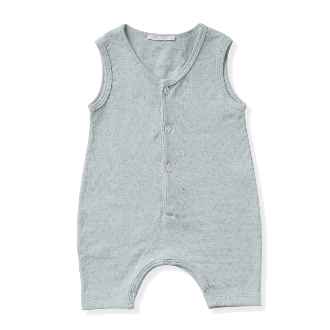 mint color sleeveless 3 shell buttons henley romper in pointelle ribbed fabric. 100% organic cottton.