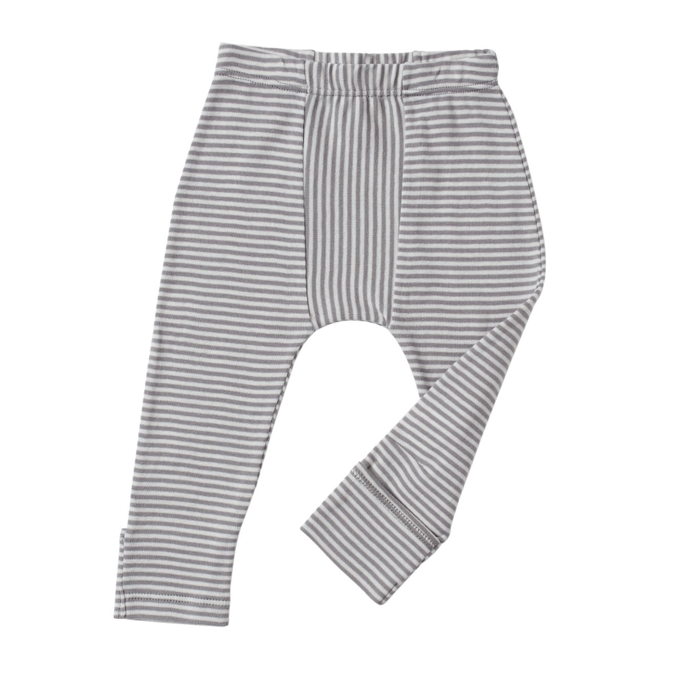 cool grey and cream color petite stripes leggings with feet covers. Direction play at center. Soft elastic waistband and slim fit. 100% organic cotton petite stripe knit.