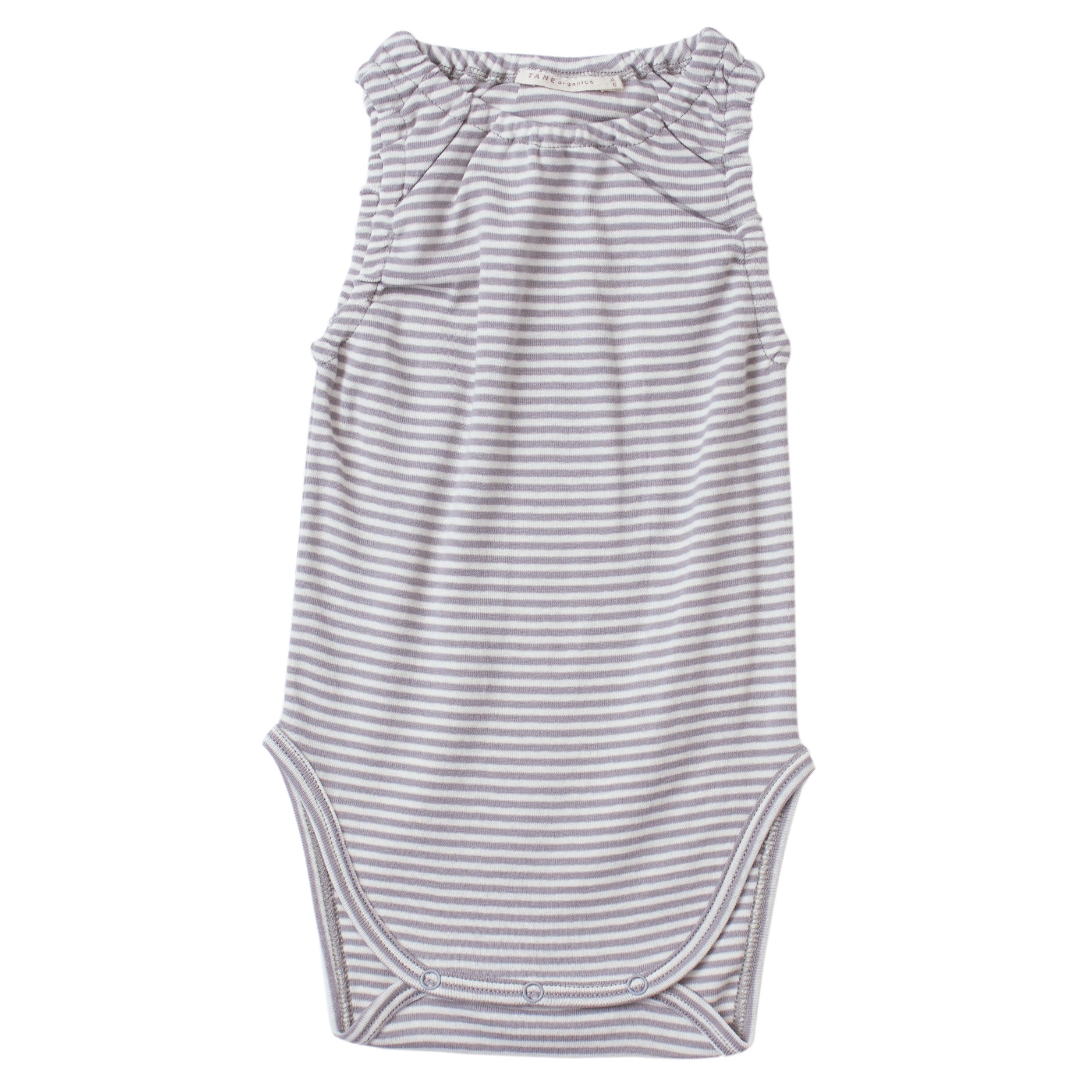 cool grey and cream color petite stripes on a sleeveless crewneck onesie with soft encased elastics at neck and armhole trim. 100% organic cotton petite stripe knit.