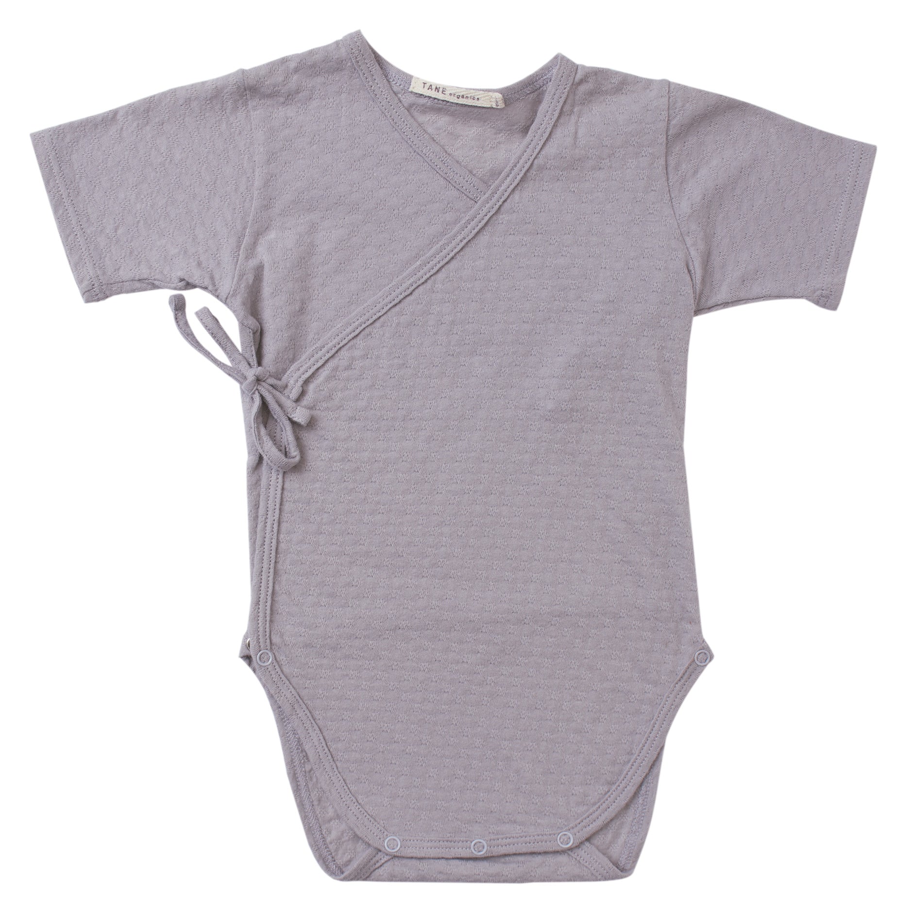 cool grey pointelle short sleeved double front kimono wrap onesie. 100% organic cotton.