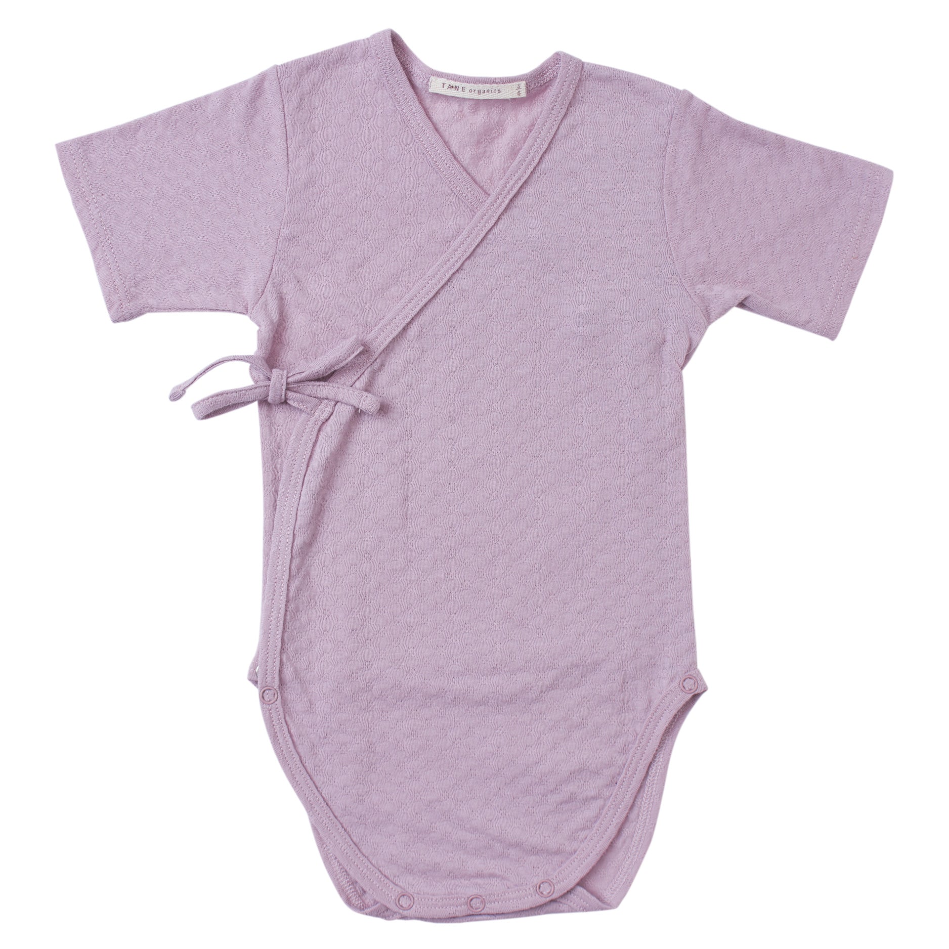 lavender color pointelle short sleeved double front kimono wrap onesie. 100% organic cotton.