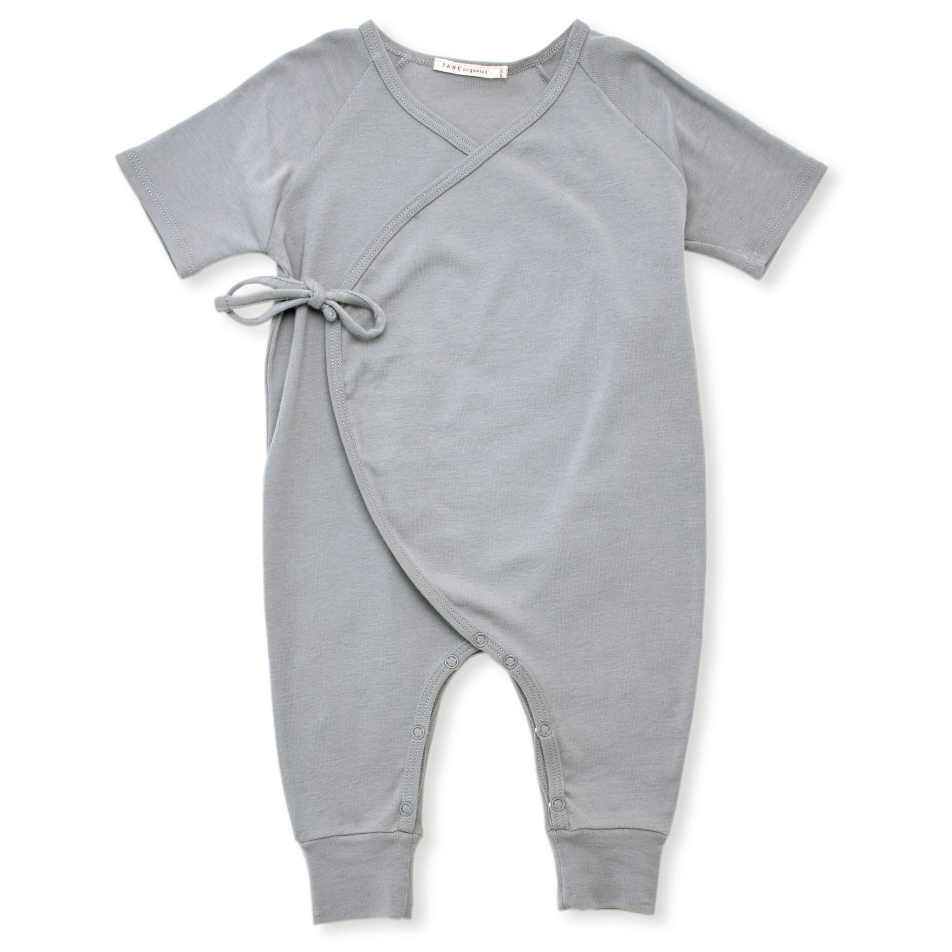 cool grey short sleeved kimono double front ties wrapped coverall.. 100% organic pima cotton ribbed knit.