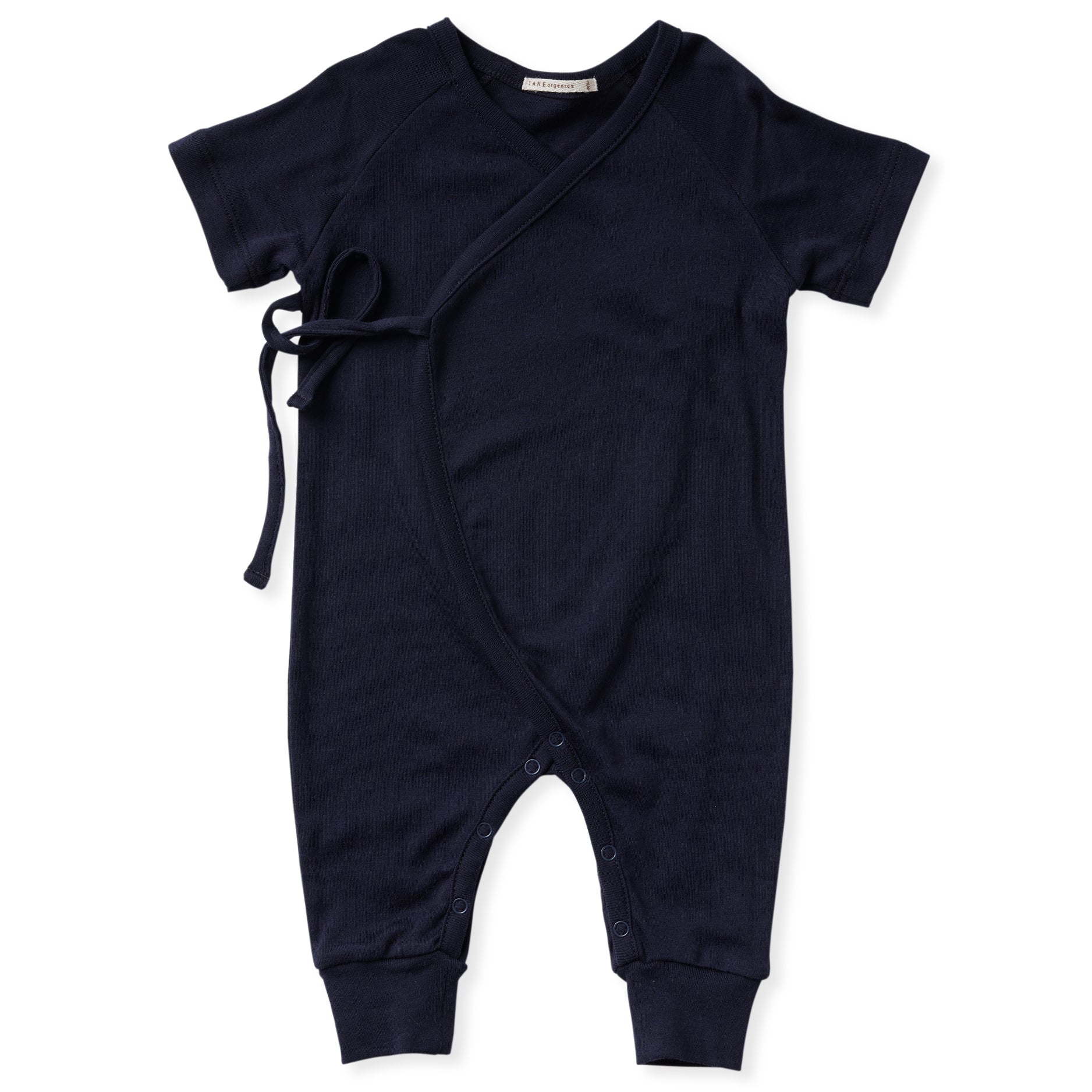 navy color short sleeved kimono double front ties wrapped coverall.. 100% organic pima cotton ribbed knit.