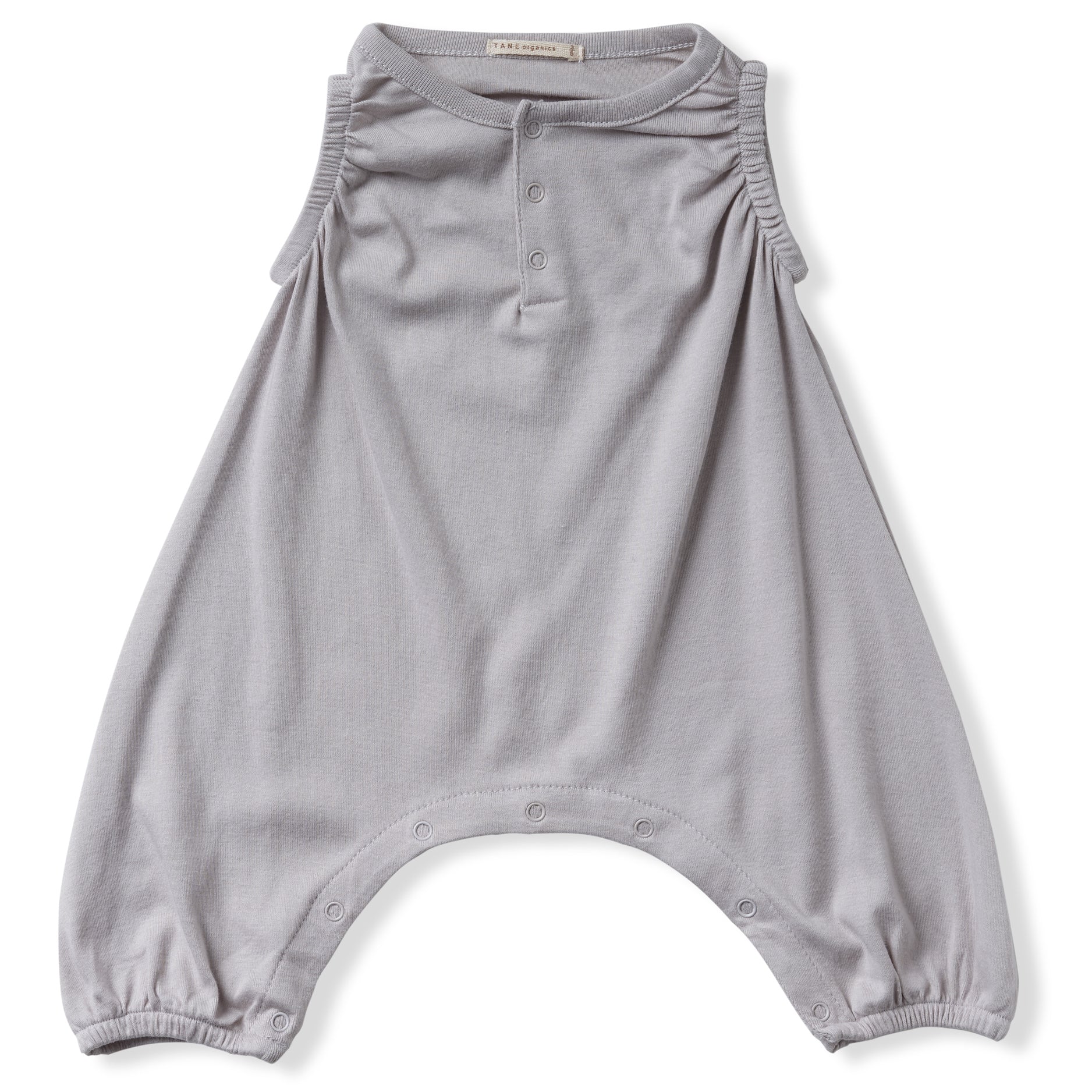 cool grey sleeveless henley balloon coverall with soft encased elastic at armhole and leg openings. 100% organic pima cotton ribbed knit.