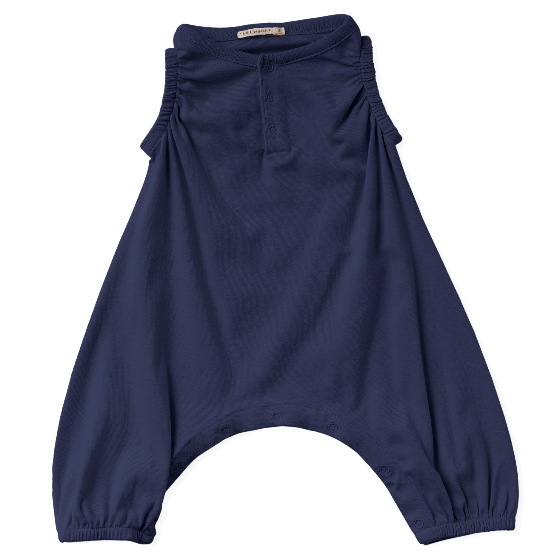 navy sleeveless henley balloon coverall with soft encased elastic at armhole and leg openings. 100% organic pima cotton ribbed knit.