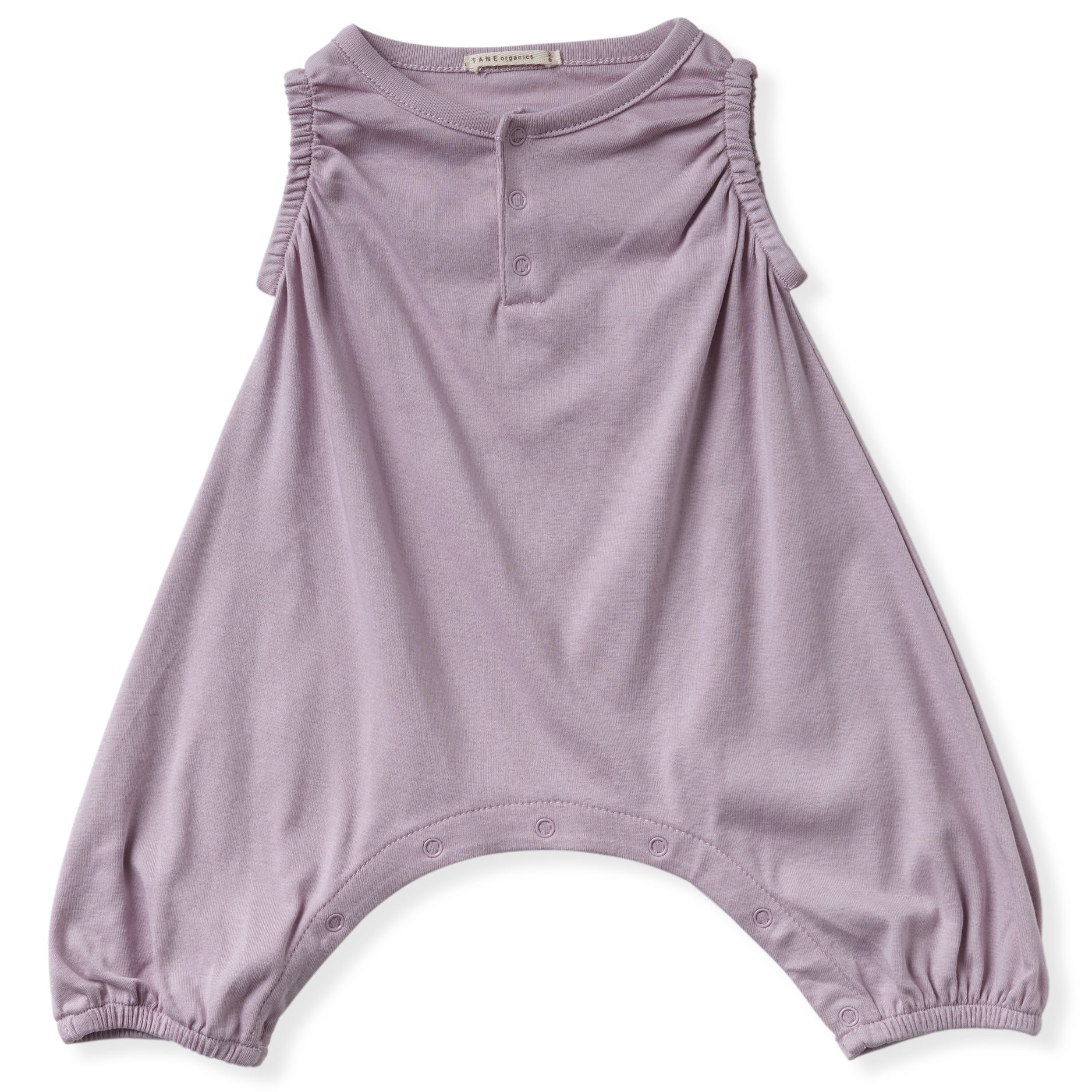 lavender color sleeveless henley balloon coverall with soft encased elastic at armhole and leg openings. 100% organic pima cotton ribbed knit.