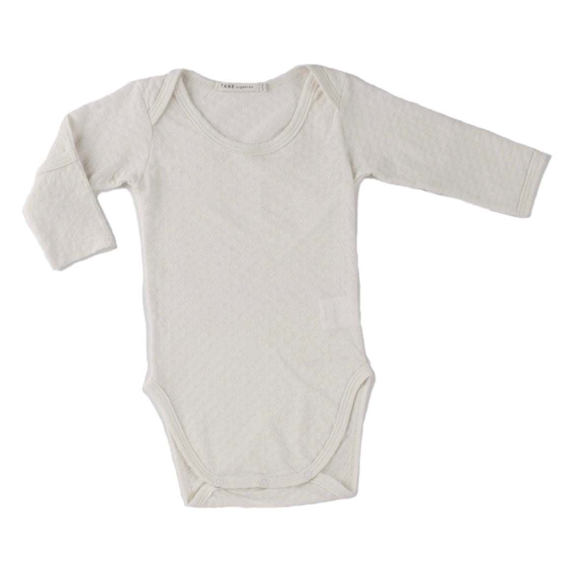 cream color pointelle essential crewneck onesie with handcover.  100% organic cotton.