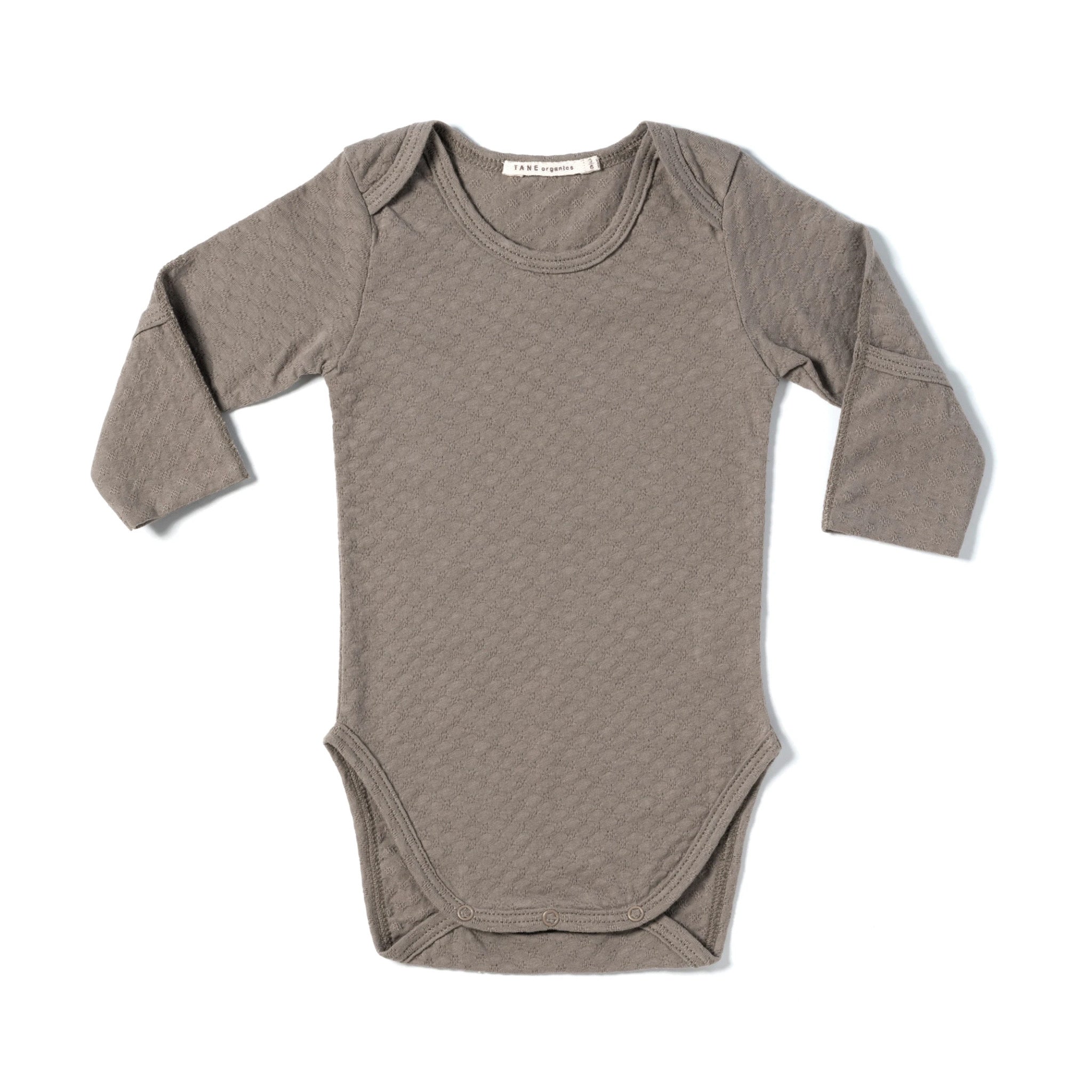brown pointelle essential crewneck onesie with handcover.  100% organic cotton.
