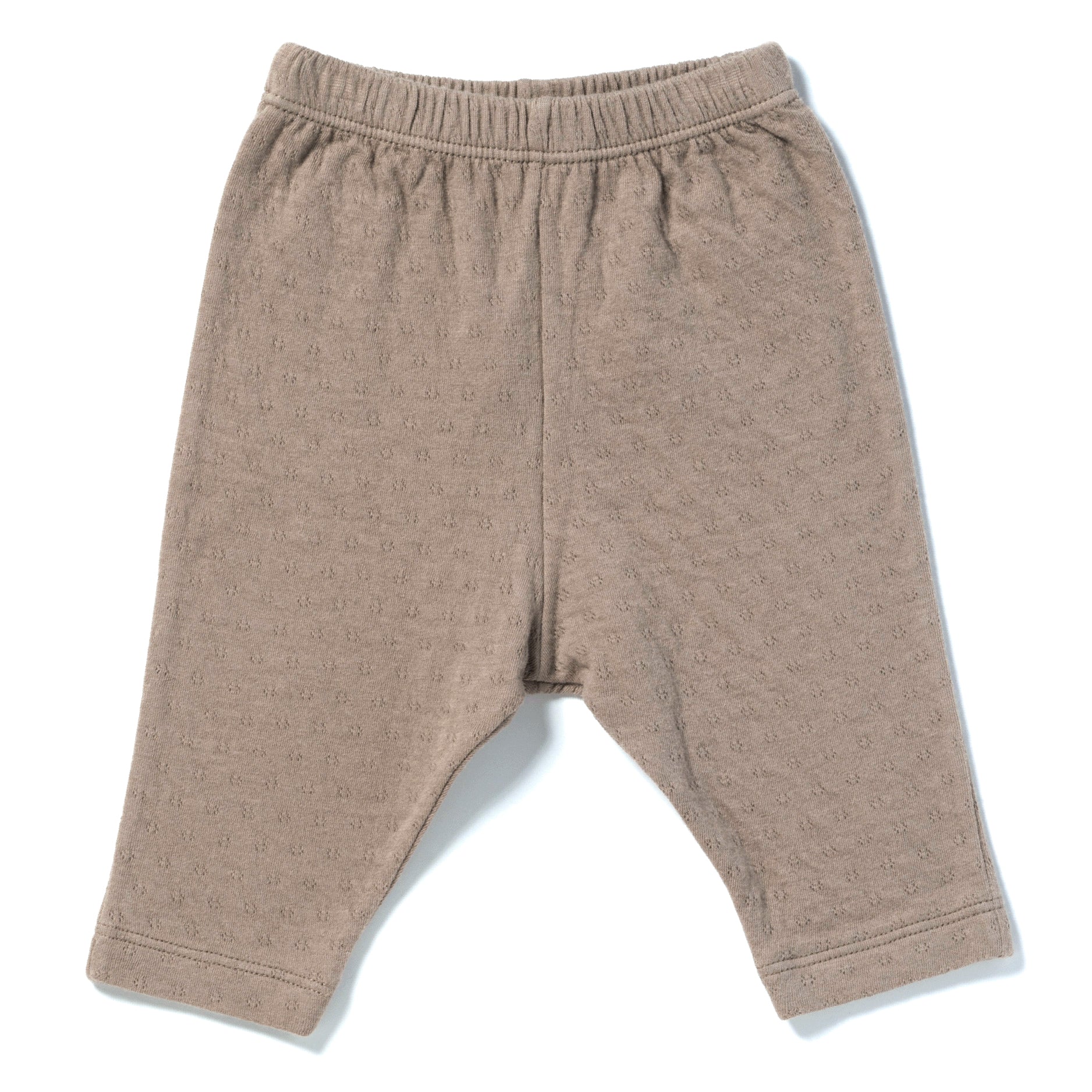 brown color straight leg pointelle ribbed pants with soft encased elastic at waistband.  100% organic cotton.
