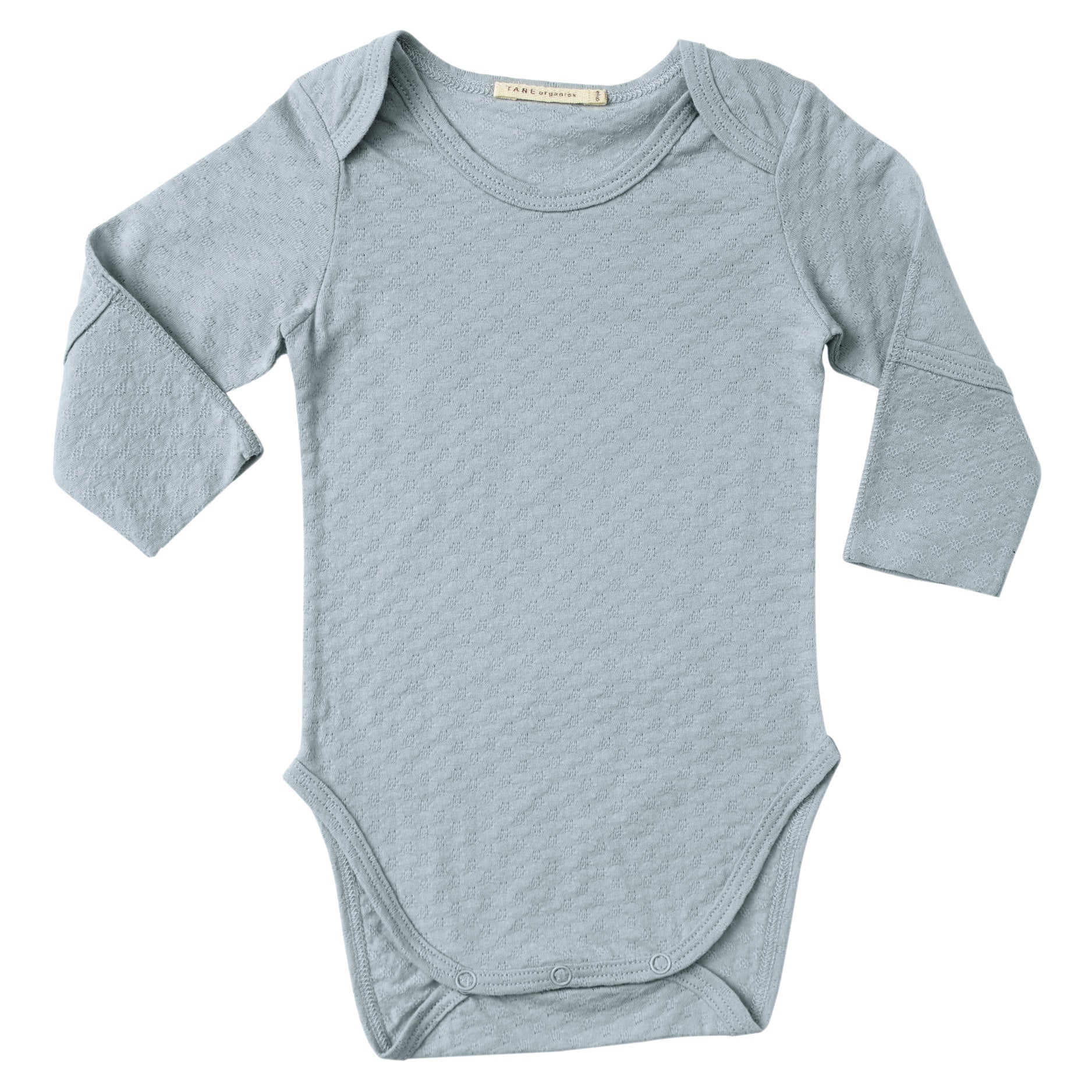 mint color pointelle essential crewneck onesie with handcover.  100% organic cotton.