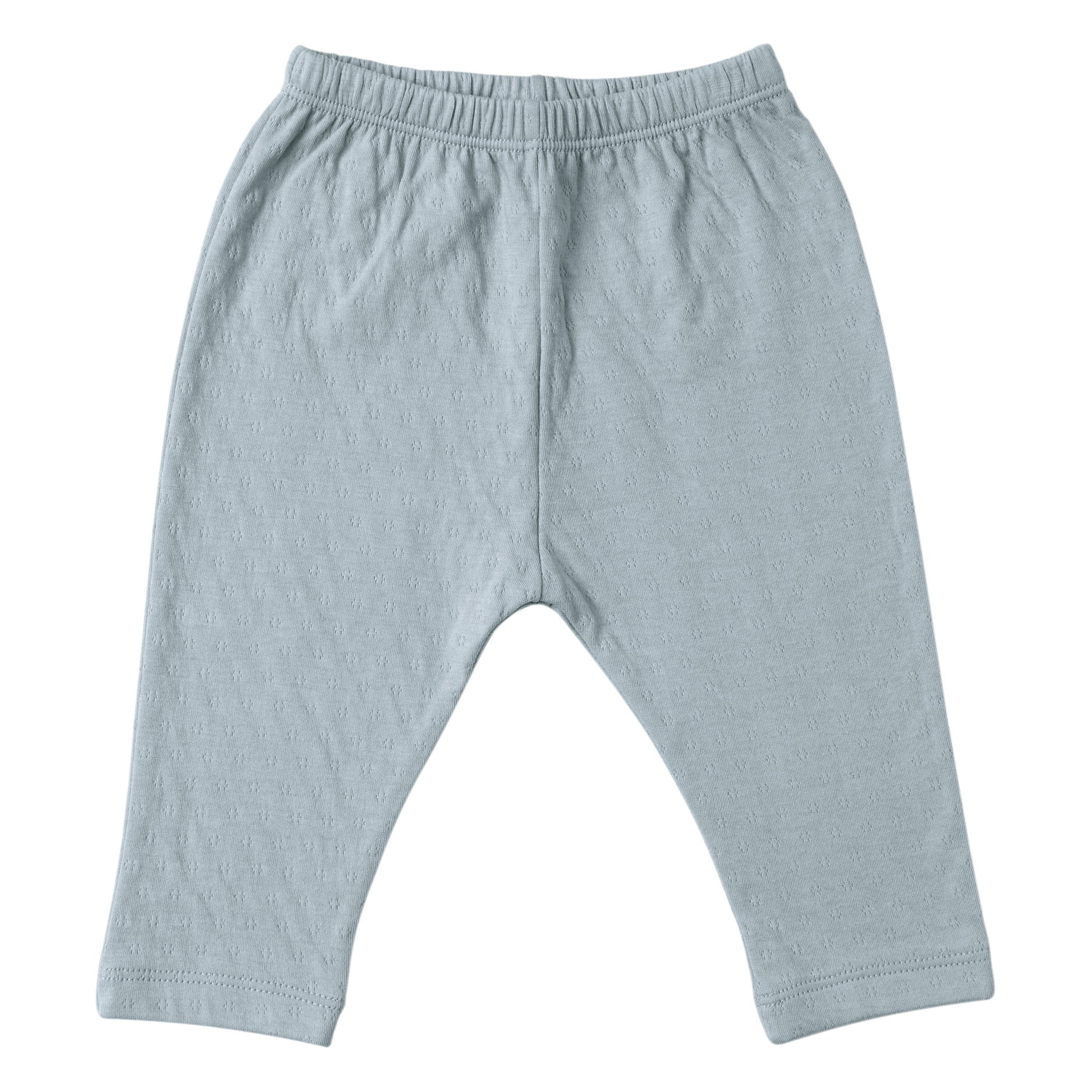 mint color straight leg pointelle ribbed pants with soft encased elastic at waistband.  100% organic cotton.