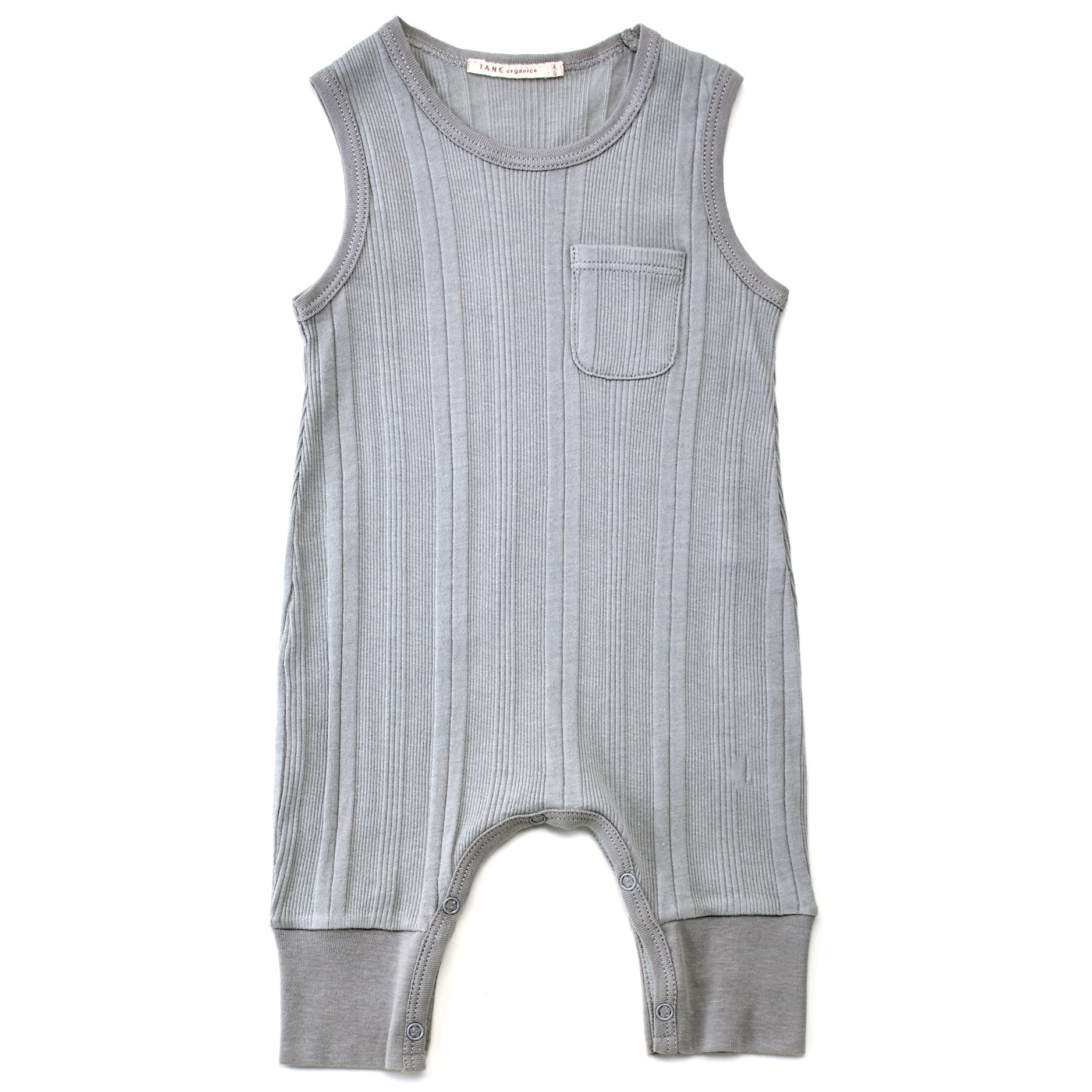 cool grey multi ribbed knit sleeveless one pocket coverall. 100% organic cotton ribbed knit.