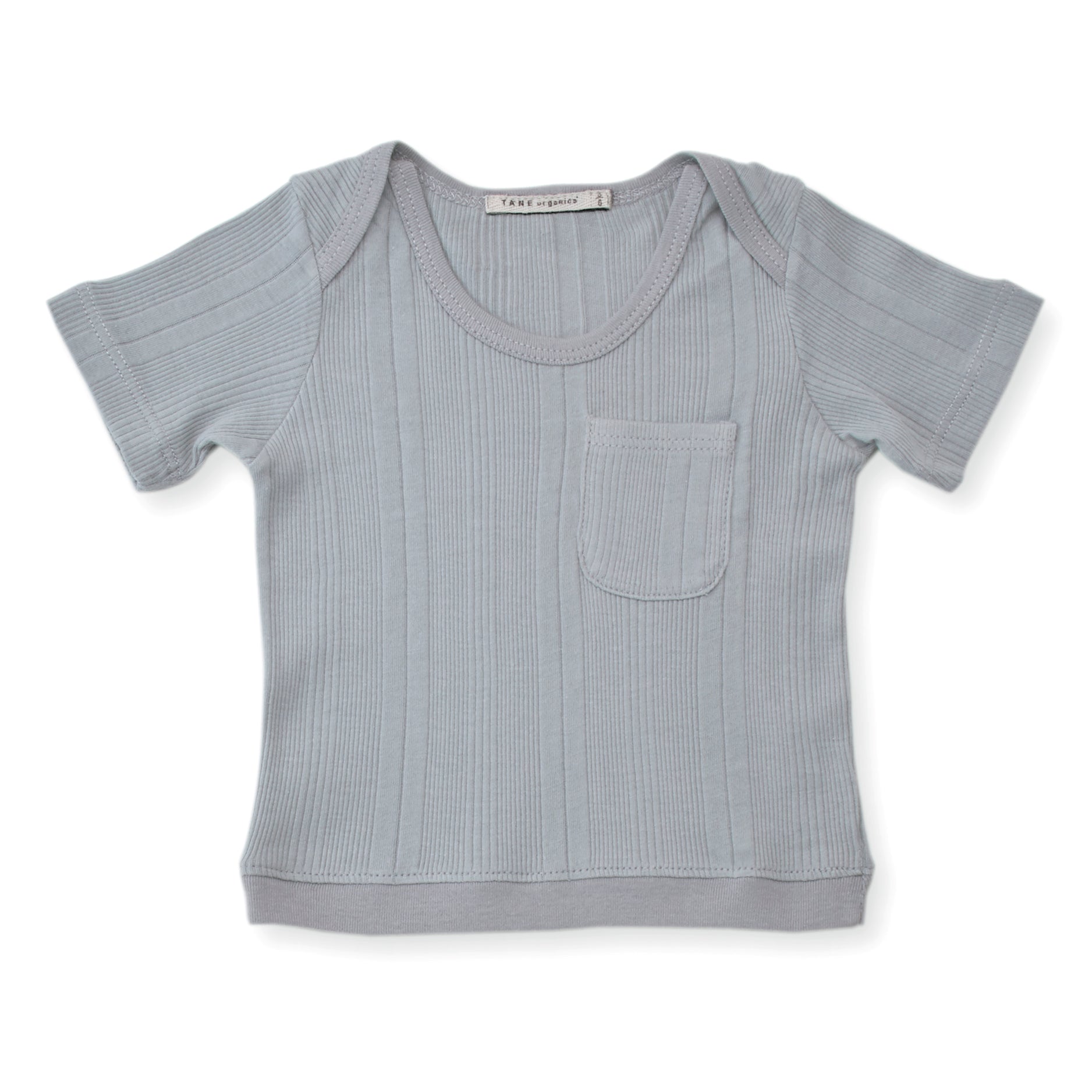 cool grey multi ribbed knit one pocket short sleeved tee shirt.  100% organic cotton ribbed knit.