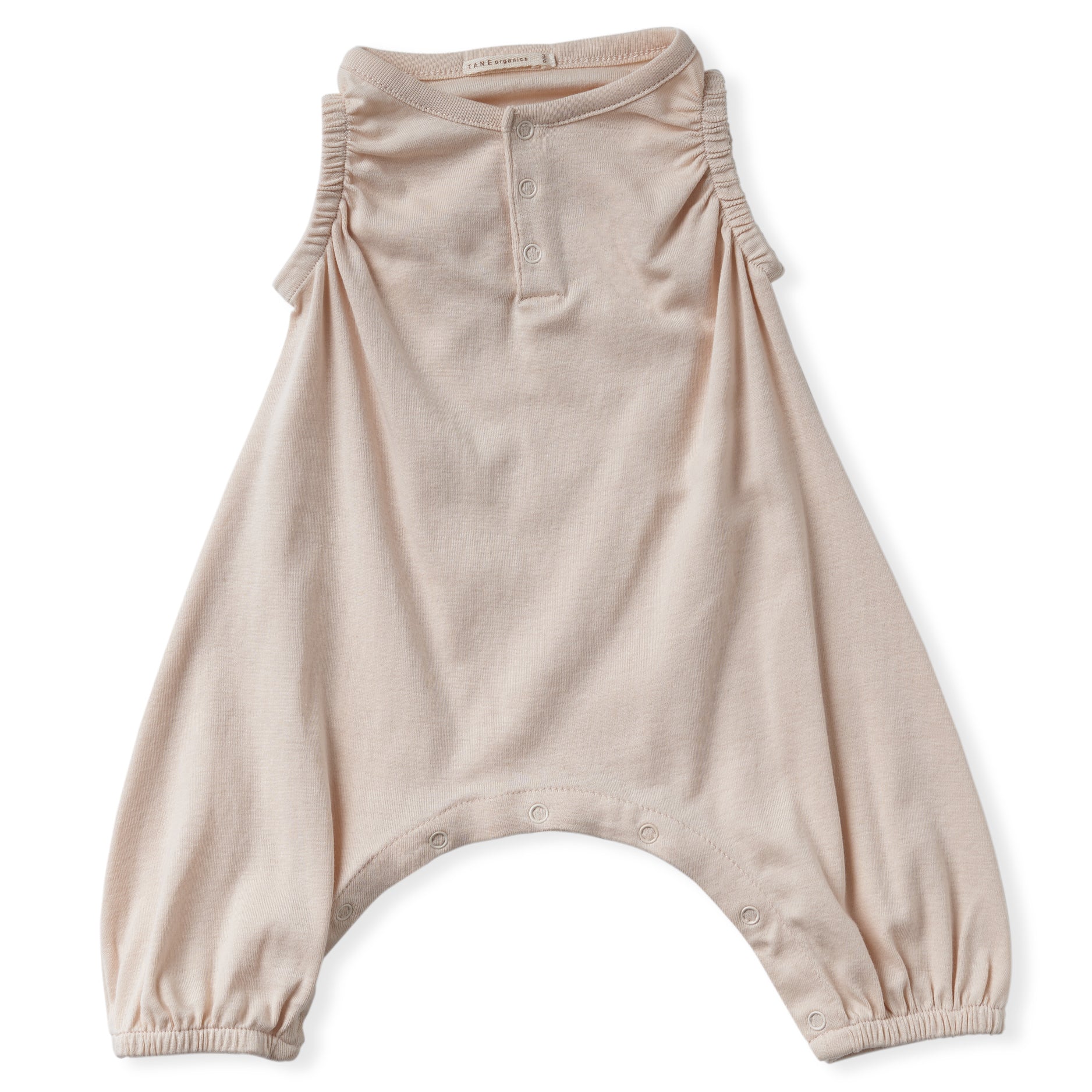 ivory color sleeveless henley balloon coverall with soft encased elastic at armhole and leg openings.  100% organic pima cotton ribbed knit.